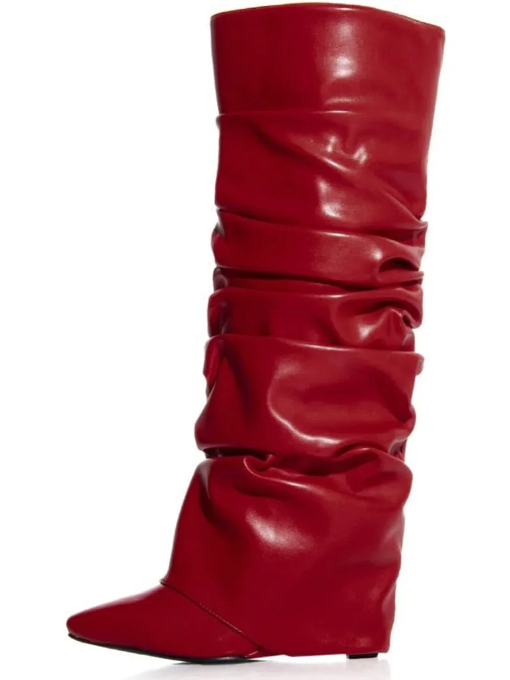Women's Burgundy Heel Wide Calf Pointed Toe Slouched Fold Over Knee High Boots